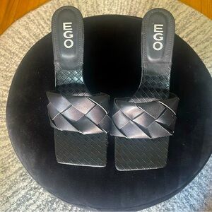 New Black Woven Square Toe Mule Sandal Heels